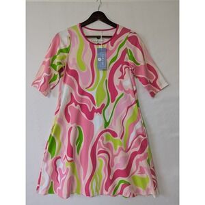Ana‎ Clare Dress XS Trapeze Ethel Marbling Pink Green Pockets Resort Coastal New